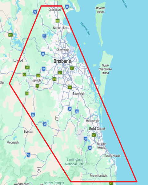 Map of Flash Blinds' service area covering Gold Coast, Brisbane, Ipswich, Northern NSW and Mt Tambourine