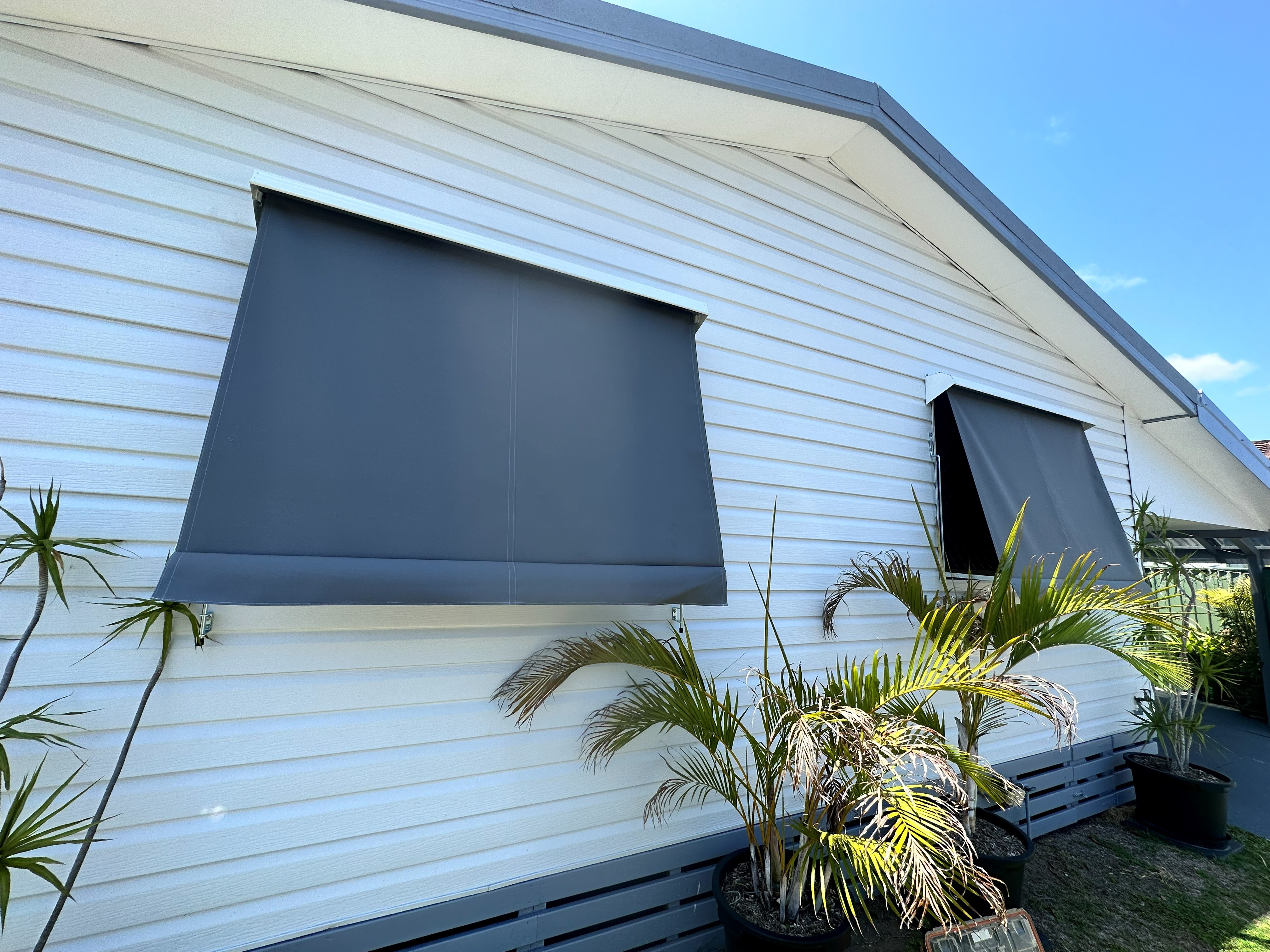 Dark grey auto guide awnings on weatherboard windows beside palm trees
