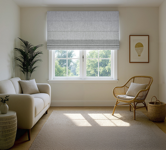 Grey woven roman blind over a living room window