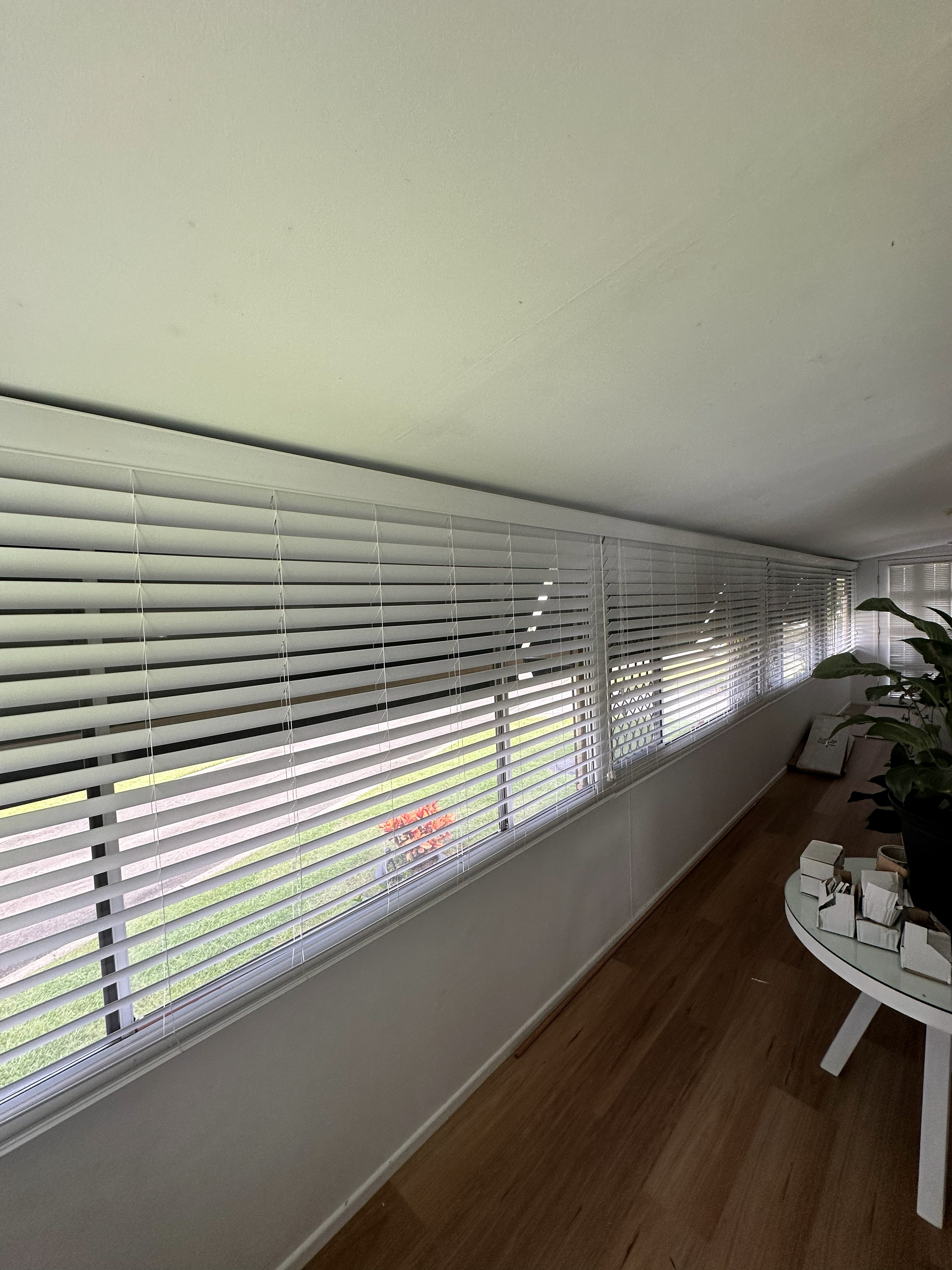 White venetian blinds along a long sunroom window with garden view